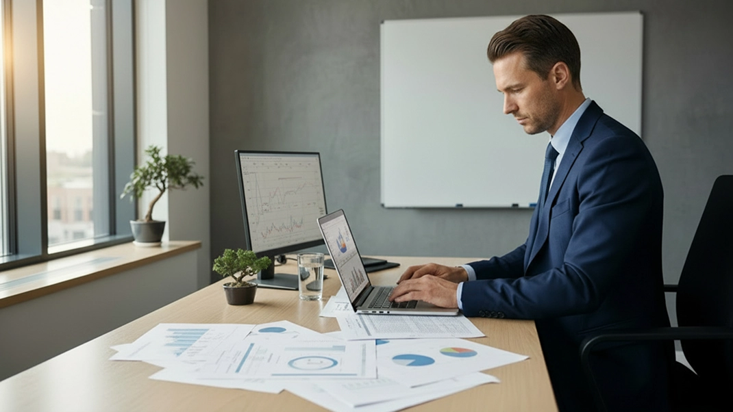 Professional working on laptop with charts; modern office setting.