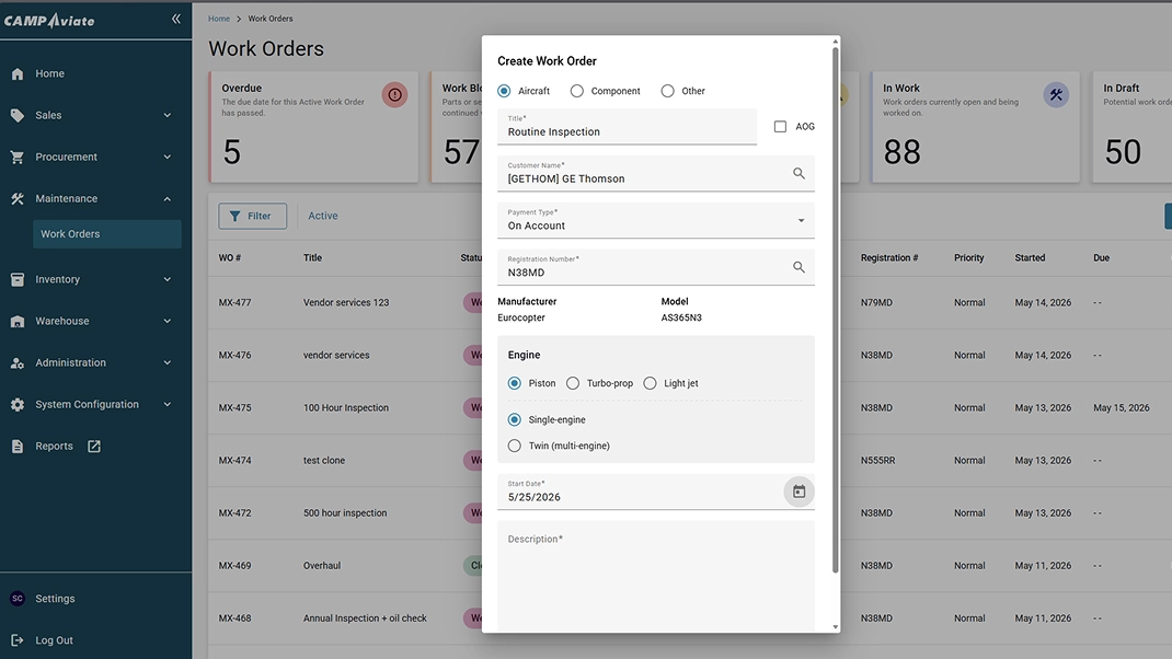 Work order management dashboard with a new order creation form for aircraft routine inspection.
