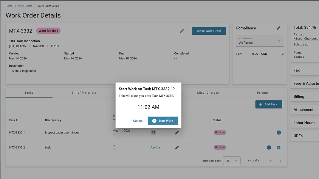 Work order dashboard showing task MTX-3332.1, ready to start with details about inspection and timing.