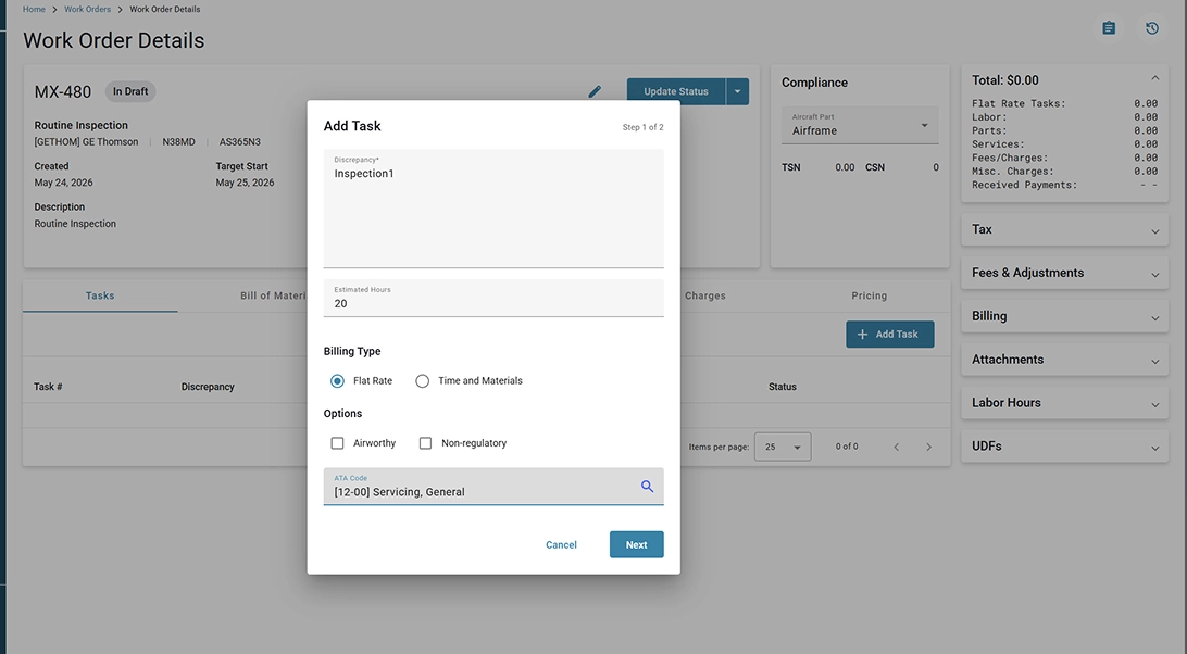 Work order detail screen showing task addition for routine inspection with billing options and ATA code input.