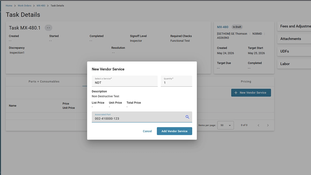 Task details interface displaying new vendor service entry form for non-destructive testing in maintenance system.