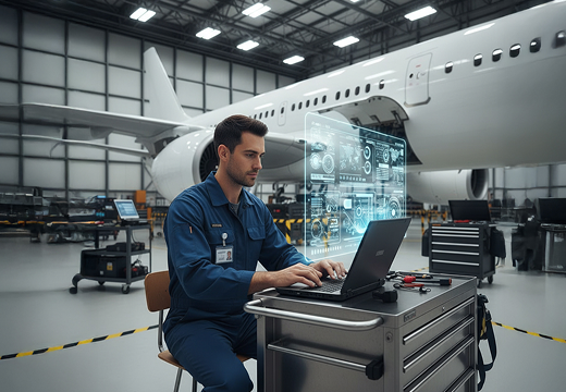 Aircraft technician analyzes data on a laptop in a hangar for maintenance, ensuring safe flight operations.