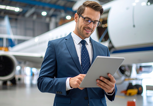 Businessman in a suit using a digital tablet in an aircraft hangar, standing in front of a plane.