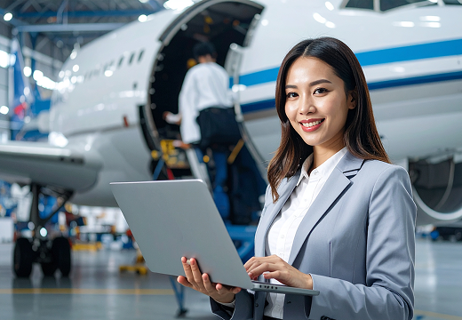 Smiling professional woman with laptop in airplane hangar, aviation industry setting.