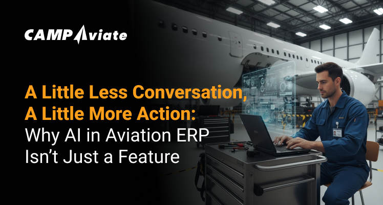 Technician using AI-integrated aviation ERP software in a hangar, enhancing operational efficiency.