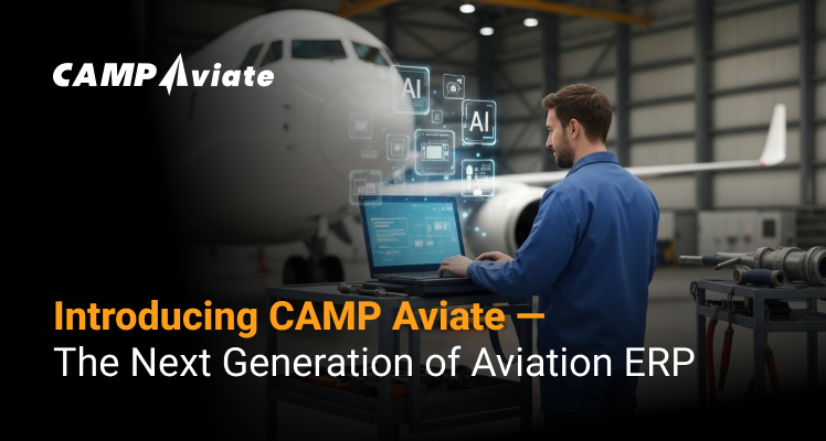 Technician using CAMP Aviate ERP software with AI in aircraft hangar.