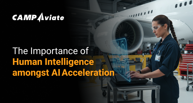 Engineer using holographic laptop by airplane engine, highlighting human intelligence in AI tech. CAMP Aviate branding.