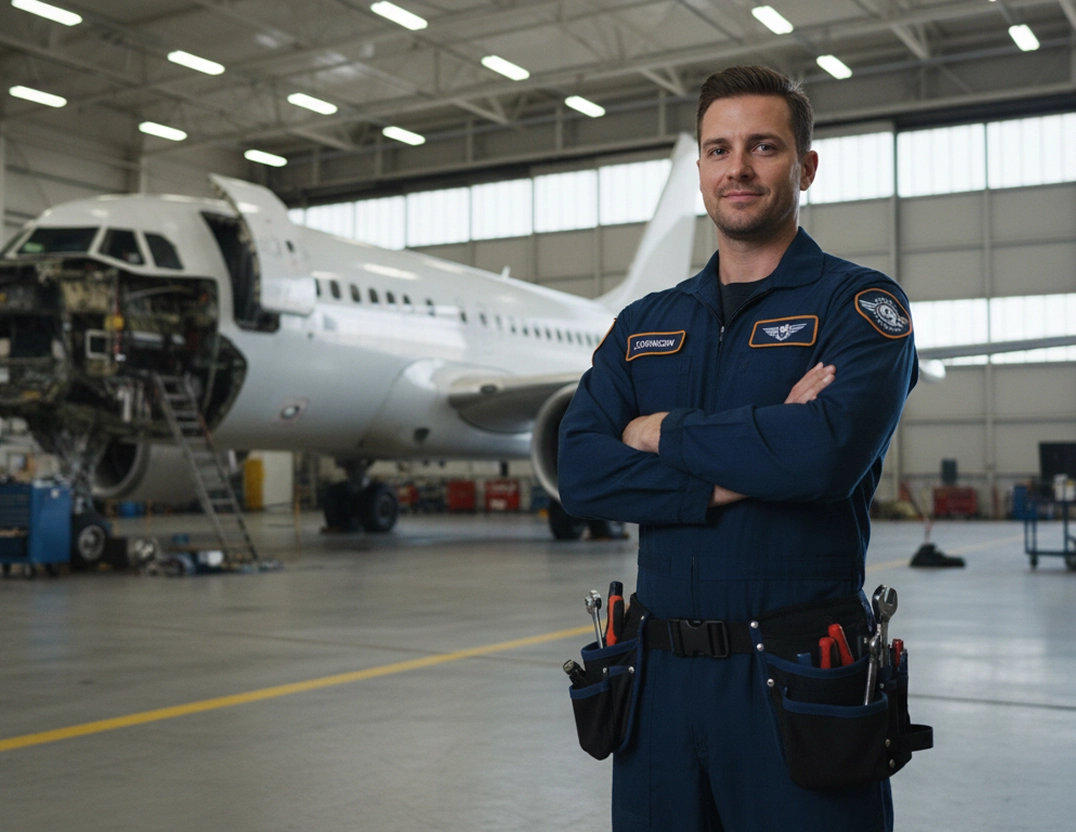 Aircraft technician in uniform standing confidently in hangar next to an airplane under maintenance.